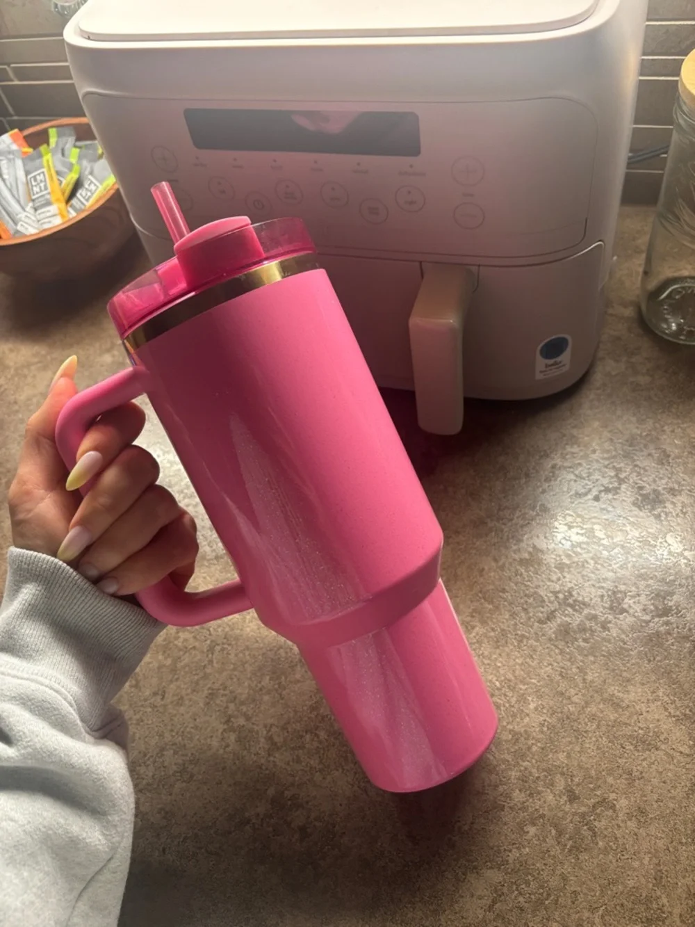 Glenda Stanley Pink Travel Mug with Handle and Reusable Straw - Picture 2 of 2